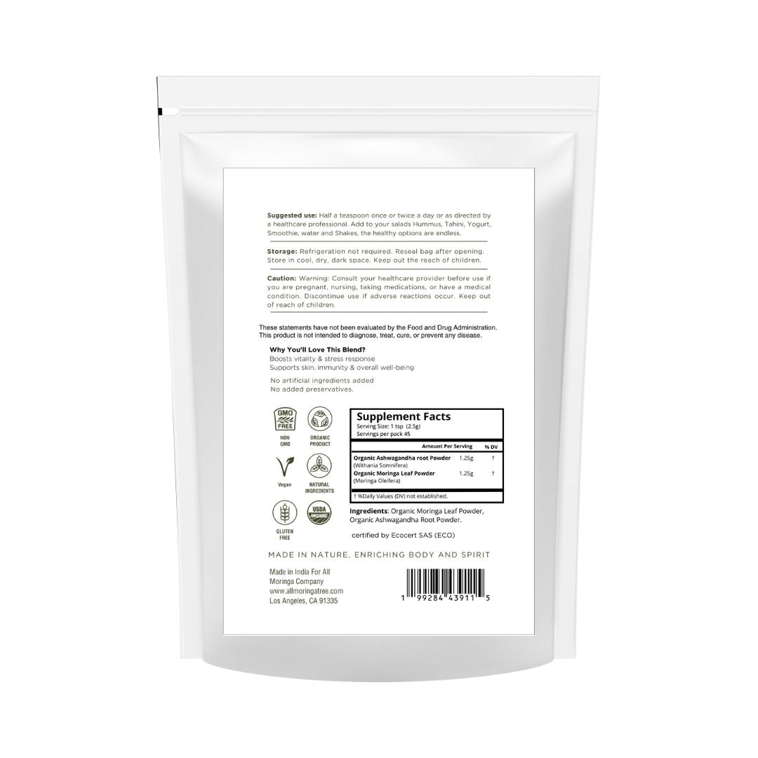 Organic Moringa & Ashwagandha Powder – Adaptogenic Superfood for Stress & Energy 4oz USDA Organic, Non-GMO-1