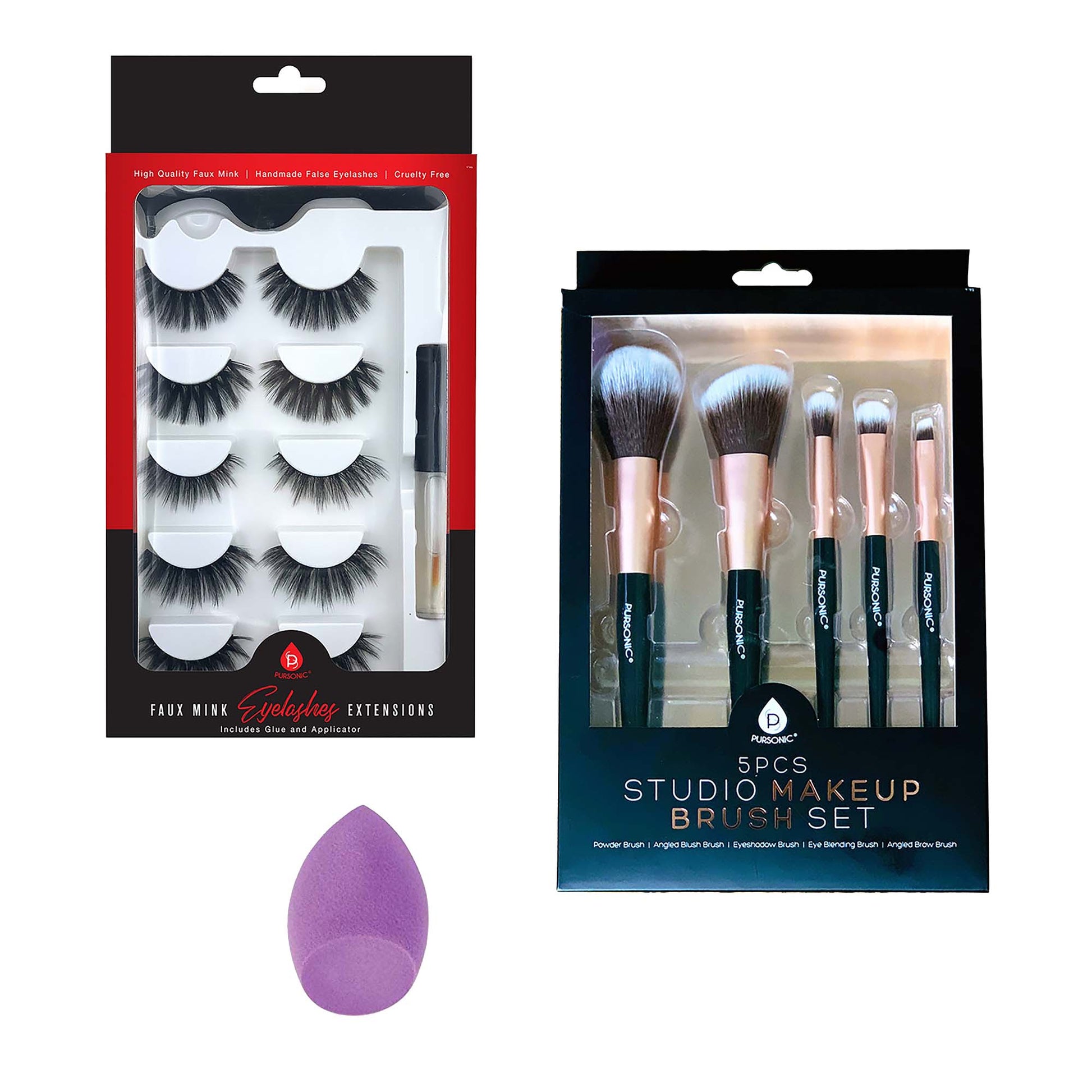 Pursonic Glam Essentials Bundle: 3D Faux Mink Lashes, Makeup Sponge & Brush Set-0