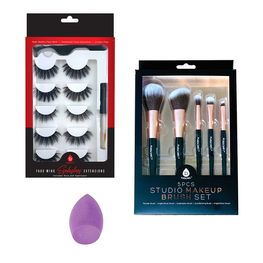 Pursonic Glam Essentials Bundle: 3D Faux Mink Lashes, Makeup Sponge & Brush Set-0