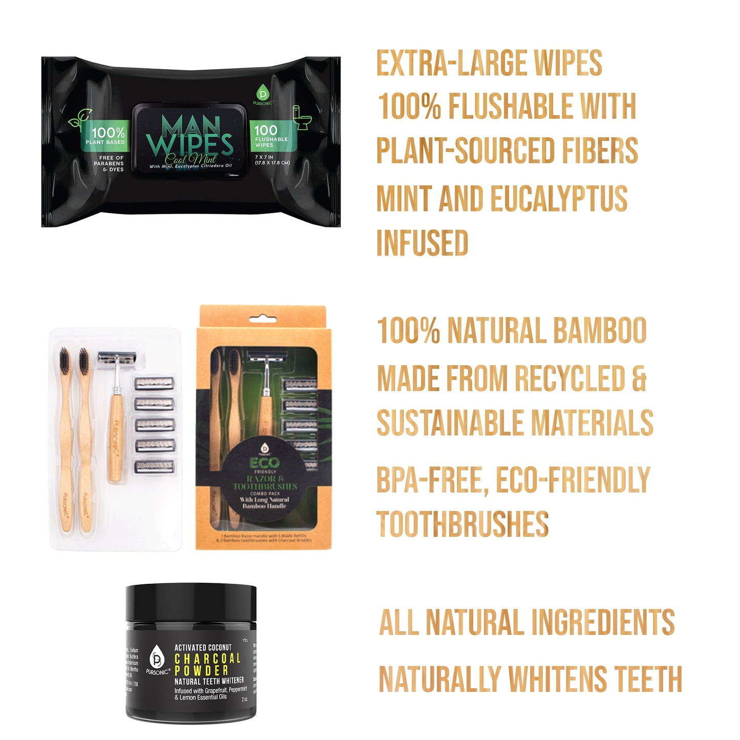 Grooming Essentials Bundle: Eco-Friendly Razor + Flushable Man Wipes + Activated Coconut Charcoal Powder-1